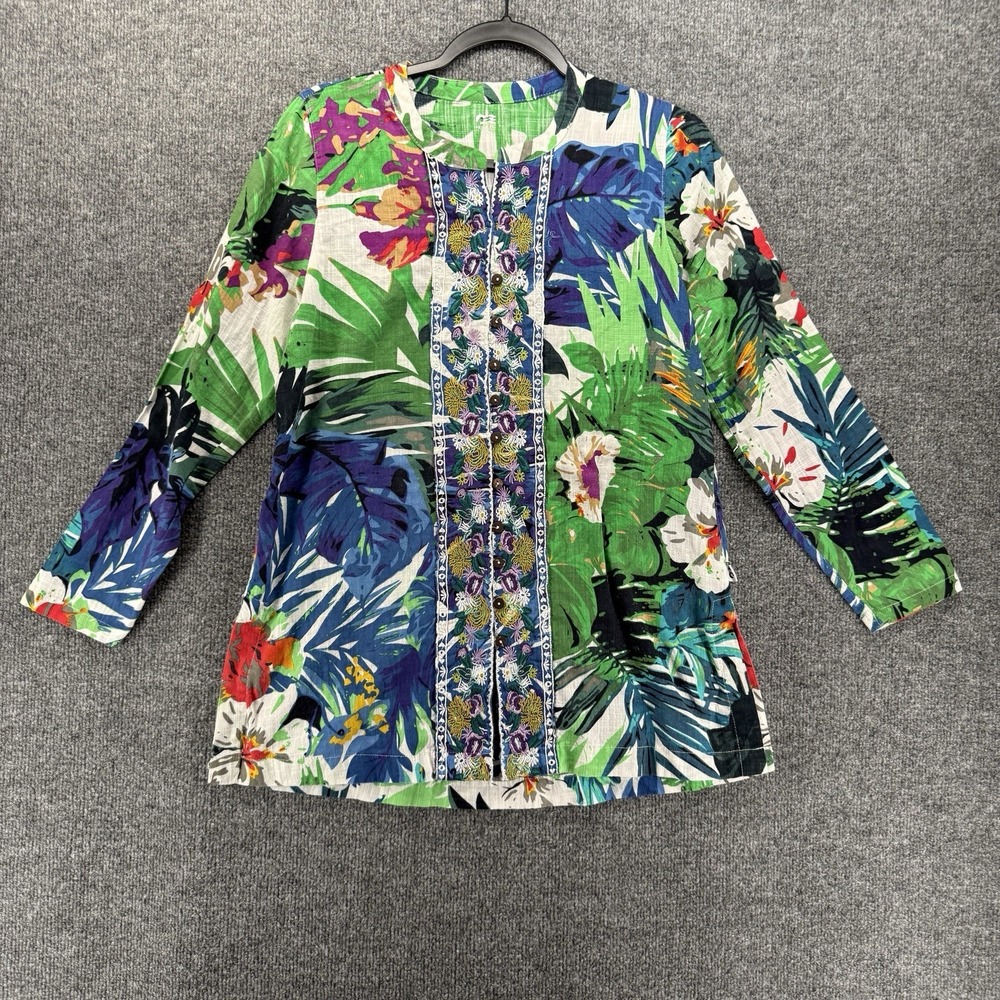 Princess Cruises Shirt Womens M Tunic Floral Print Button Up Tropical Hawaiian